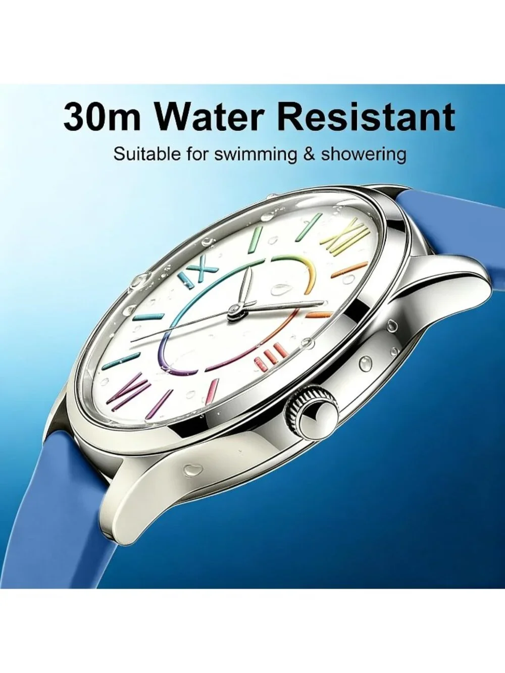 Women's Navy Colorful Roman Numerals Fashion Analog Waterproof Wrist Watch